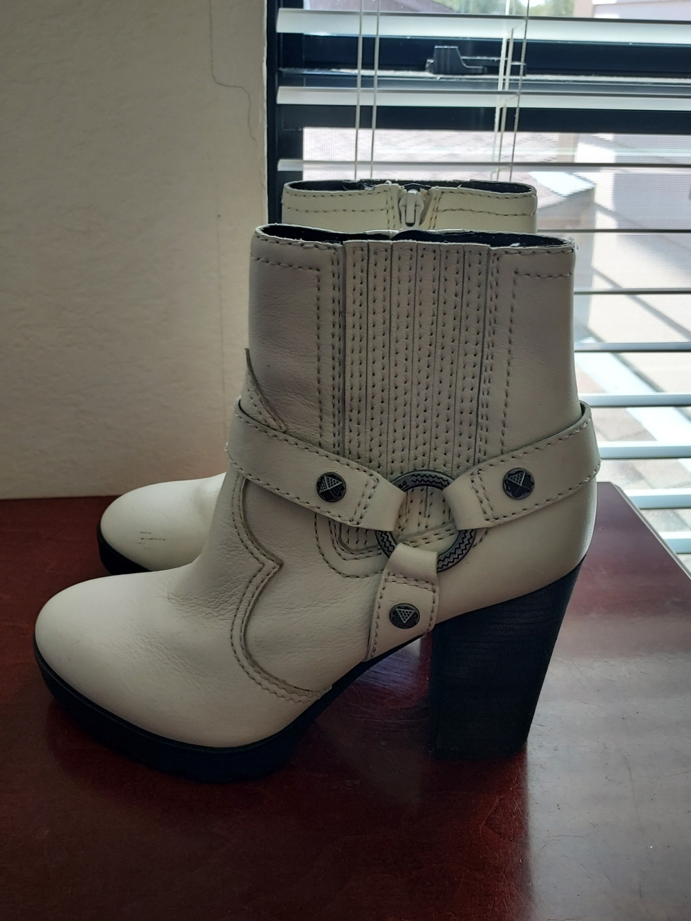 Classic White Leather Ankle Booties with Ring Harness Detail